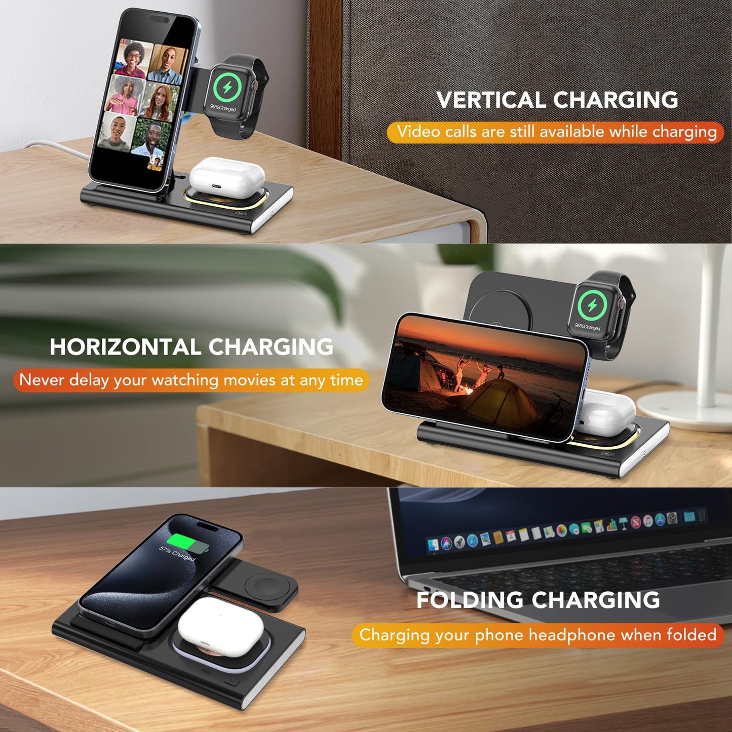 Wireless Charger Station, 4 In 1 Foldable 15W Fast Charging Wireless Charging Station