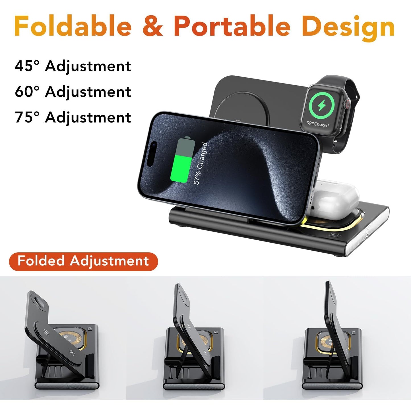 Wireless Charger Station, 4 In 1 Foldable 15W Fast Charging Wireless Charging Station