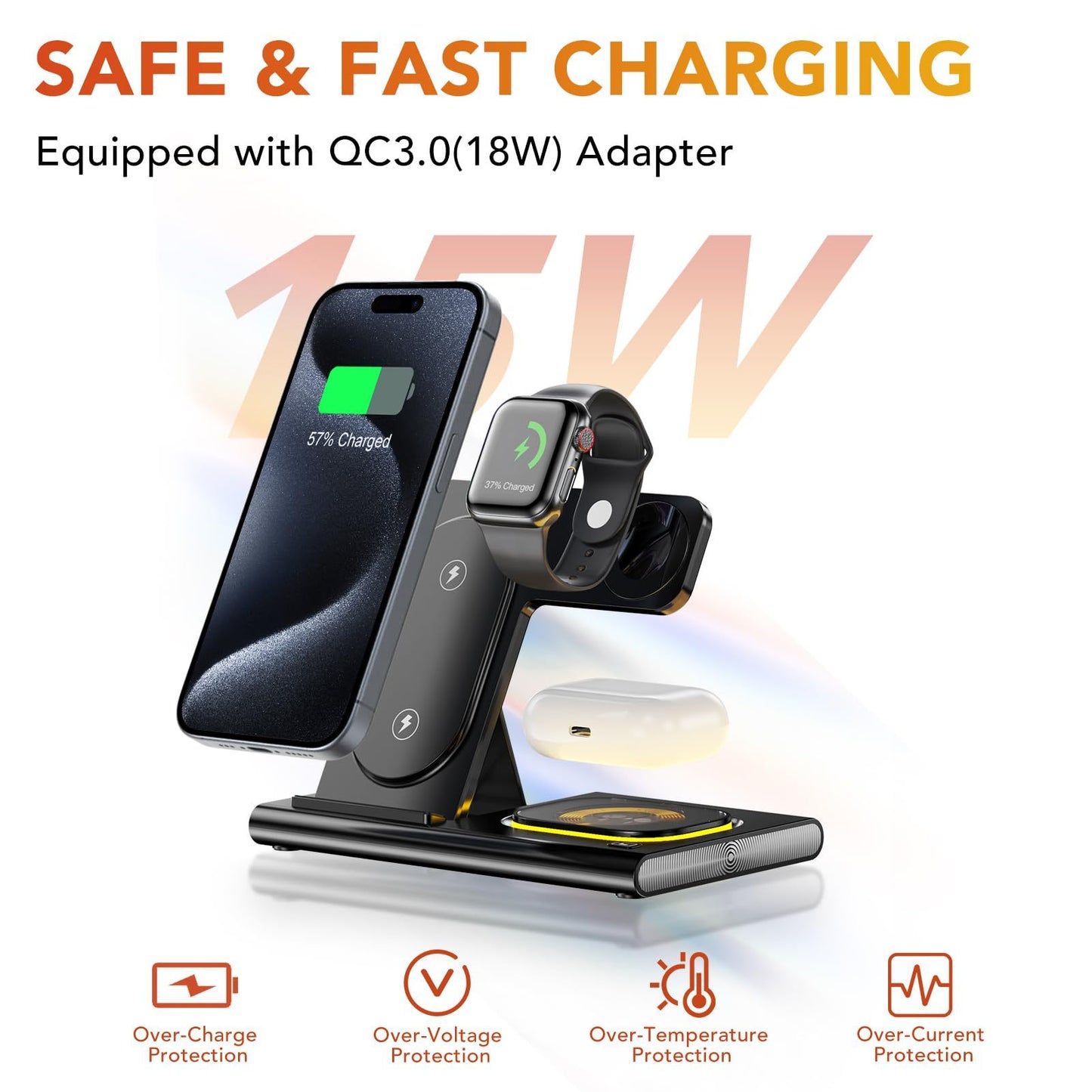 Wireless Charger Station, 4 In 1 Foldable 15W Fast Charging Wireless Charging Station